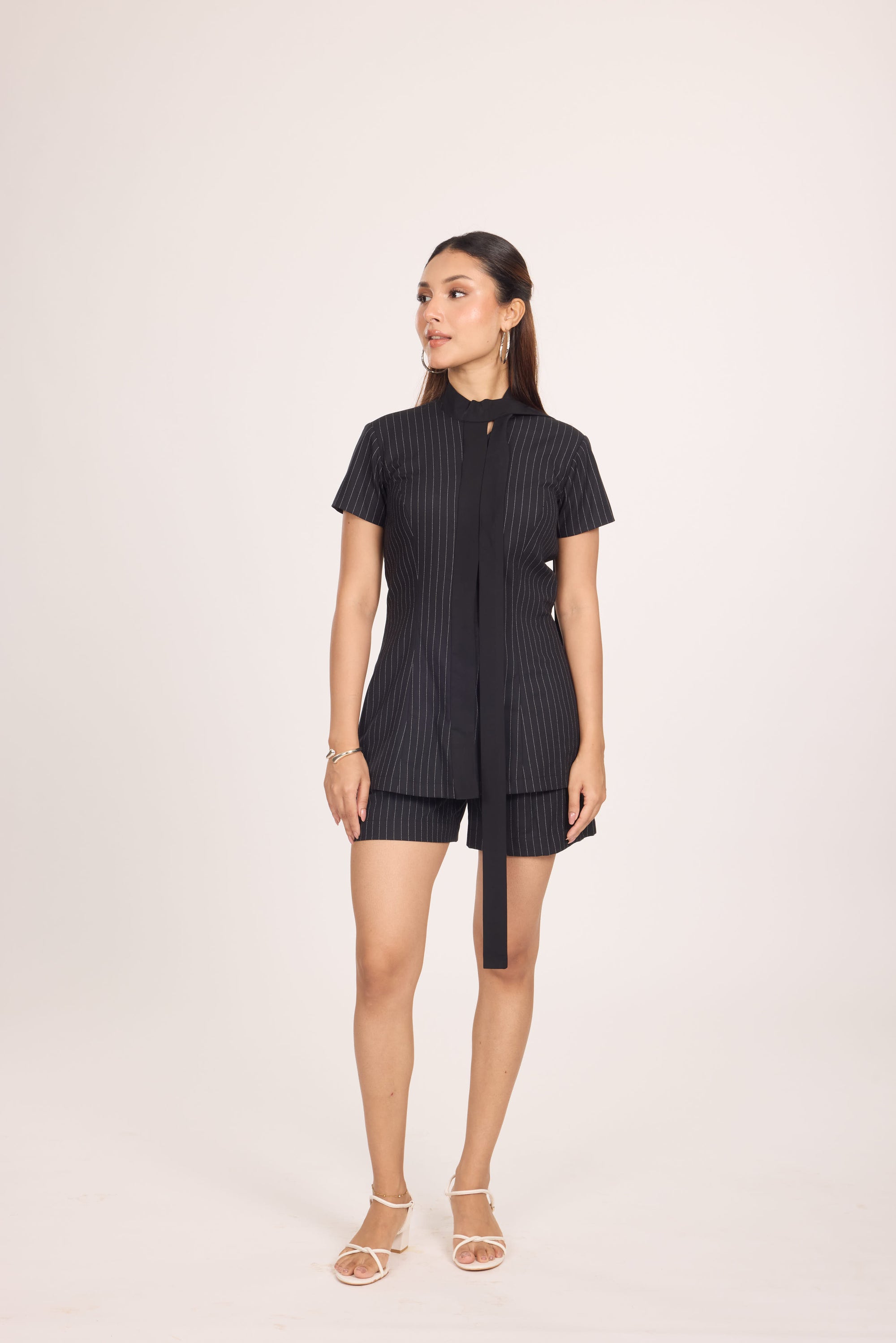 Ms V Pinstripe Cinched Top &amp; Ms.V Flared Pinstripe Tailored Shorts