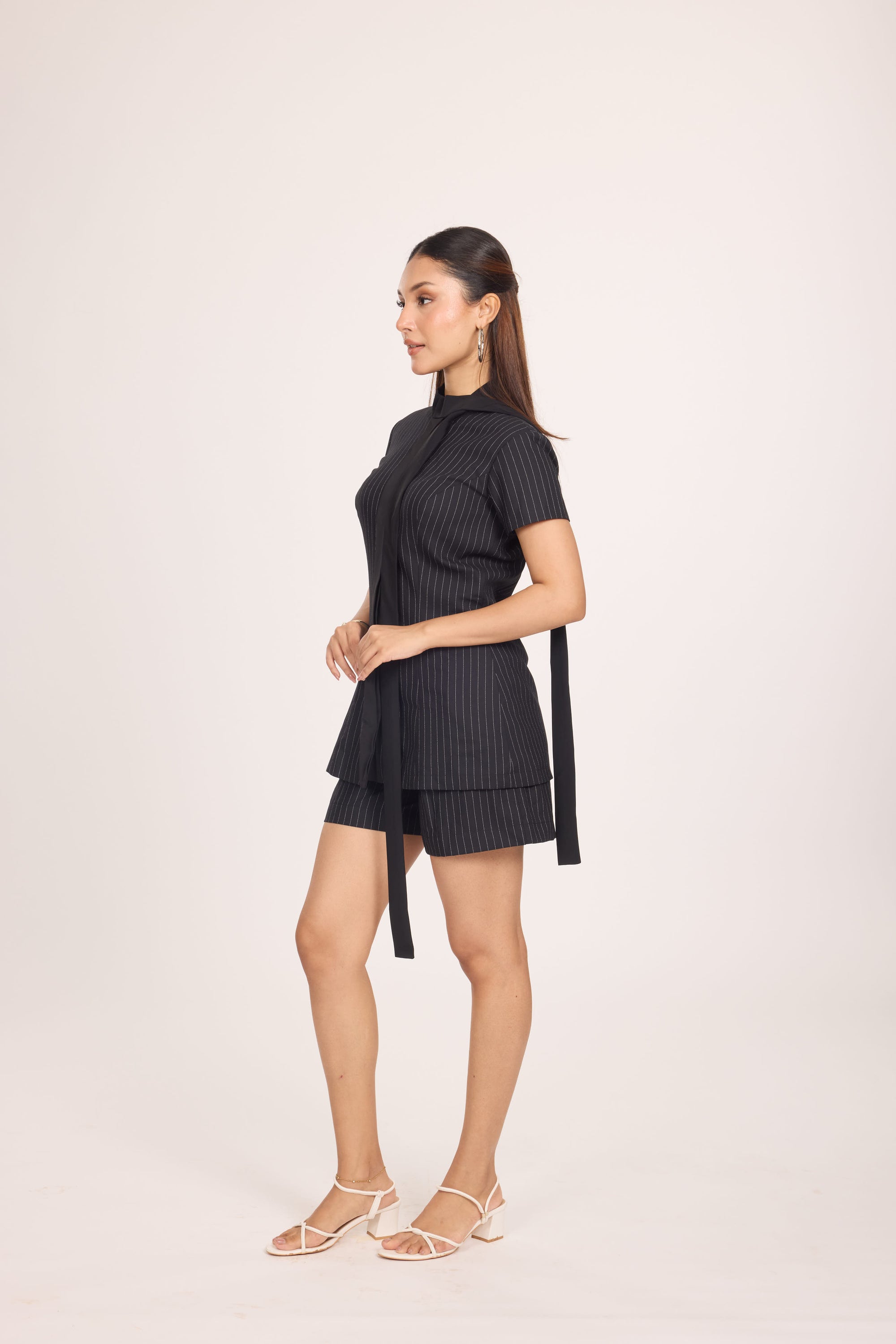 Ms V Pinstripe Cinched Top &amp; Ms.V Flared Pinstripe Tailored Shorts