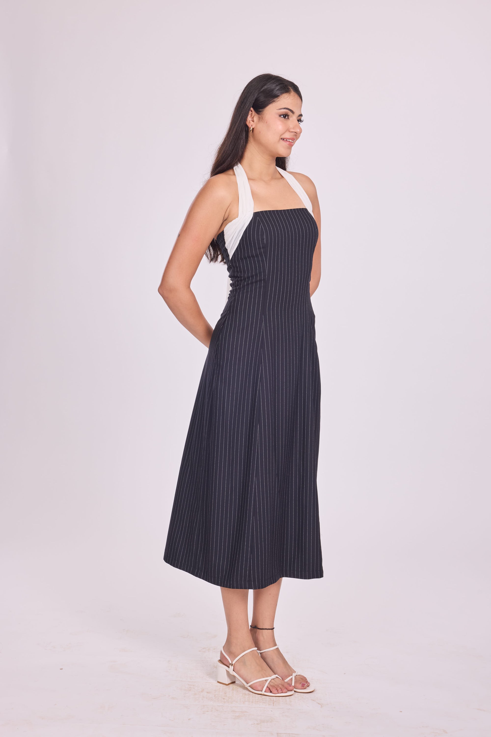 Ms. V Pinstripe Halter Midi Dress