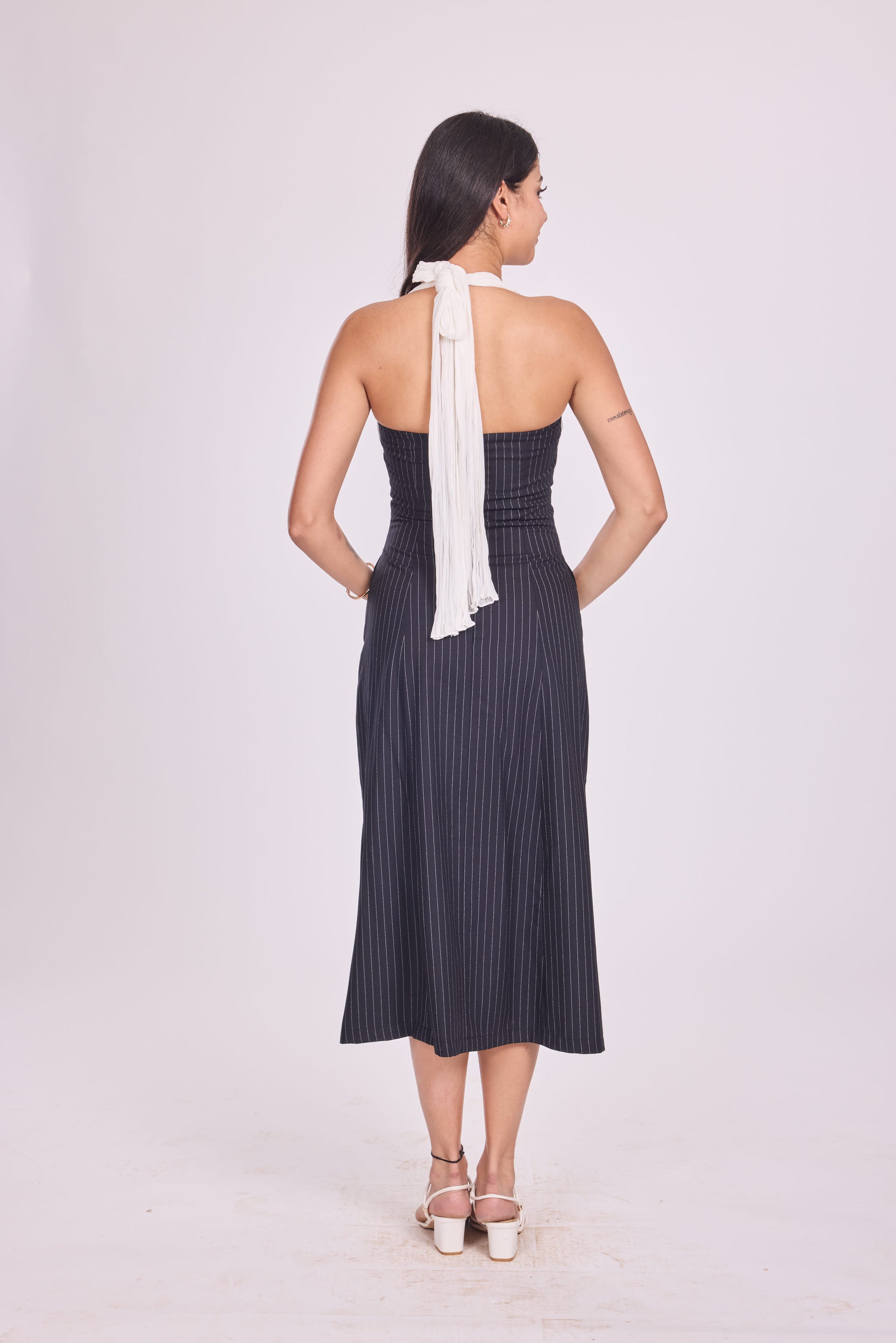 Ms. V Pinstripe Halter Midi Dress