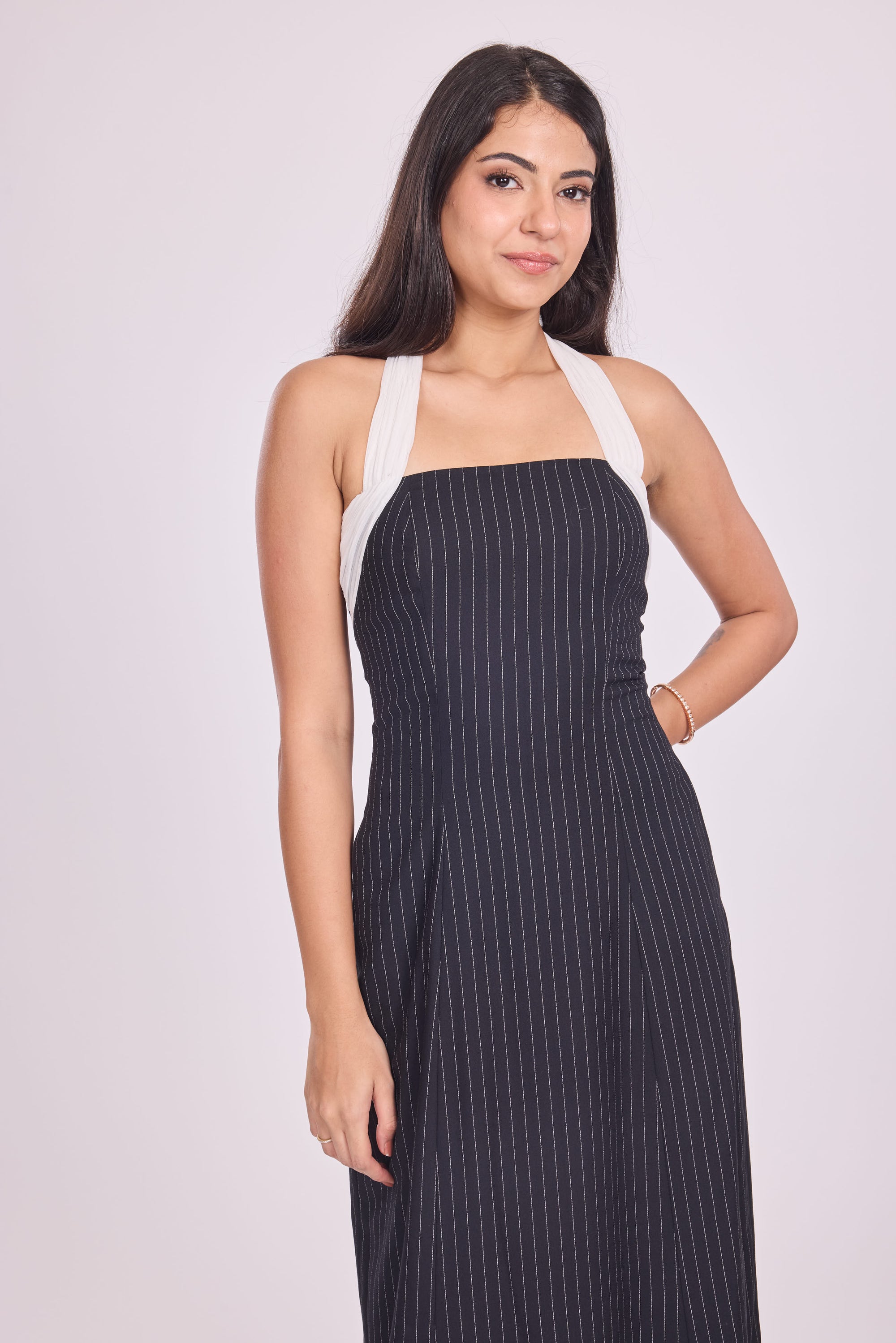 Ms. V Pinstripe Halter Midi Dress